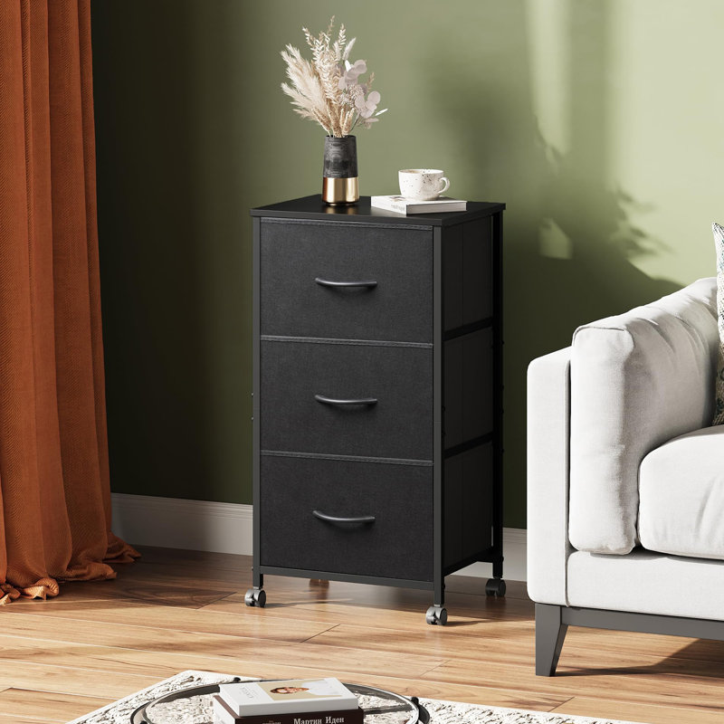 Dresser with 3 Drawers, Fabric Nightstand, Cabinet with Wheels, Organizer Storage Dresser for Bedroom, Office, Entryway, Closets, Sturdy Steel Frame, Wood Top, Easy Pull Handle