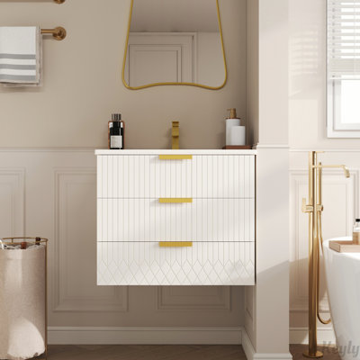 Armoire flottante murale de 24 pouces avec tiroir double, meuble-lavabo moderne avec lavabo en céramique et trou de robinet simple, conception peu encombrante