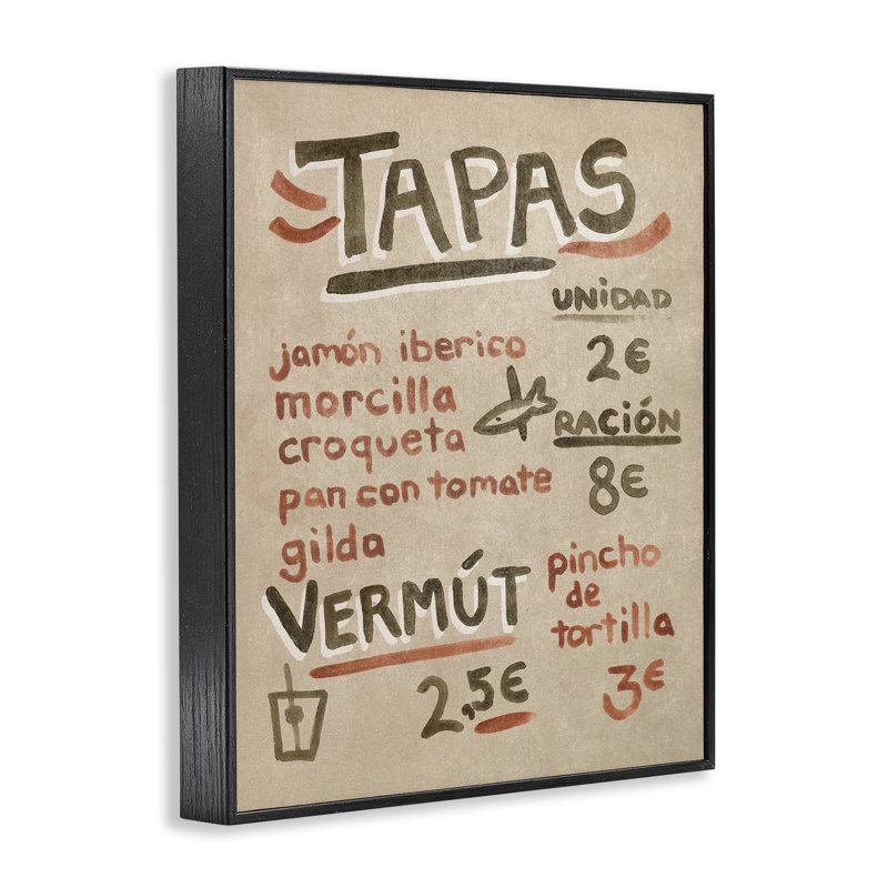  "Tapas espagnol", art de la giclée encadrée par June Erica Vess, H 14 po x l 11 po, Giclée encadrée noir minuit