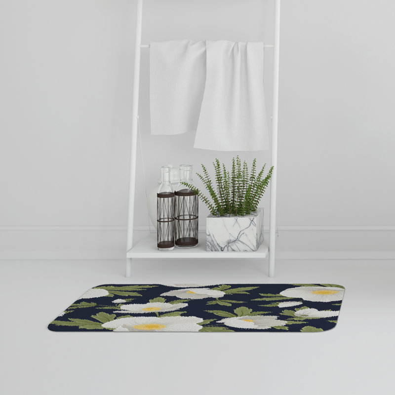 Nyles Memory Foam Non-Slip Bath Rug, Navy Blue White Anemone