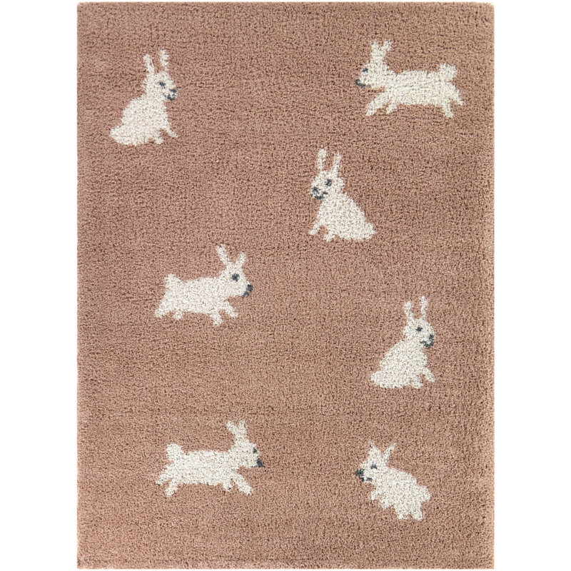 Arley Pink and White Bunny Pattern Synthetic Kids Rug