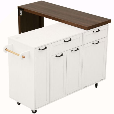 102.3" Kitchen Island With Extendable Dining Table, Kitchen Rolling Island Cart With Trash Storage Cabinet, 3-Tier Pull-Out Spice Rack, Mobile Island Table On Wheels For Kitchen, Dining Room