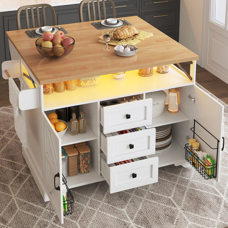 White Kitchen Island with Drop-Leaf Table, App LED Lights, Snack Shelves, Serving/Bar/Side Cart