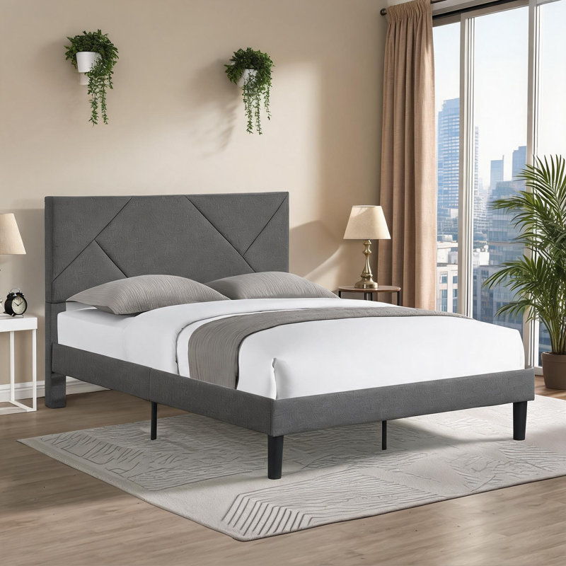 Lit plateforme double rembourré moderne double pleine grandeur, gris neutre avec support en lattes de bois robuste, sans sommier tapissier
