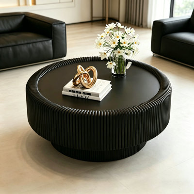Table basse ronde à cannelures avec rangement caché et plateau en verre trempé