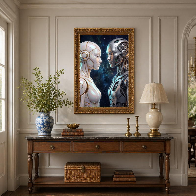 «White and Silver Robots face à face en galaxie», art mural sur toile, H 30 po x l 20 po
