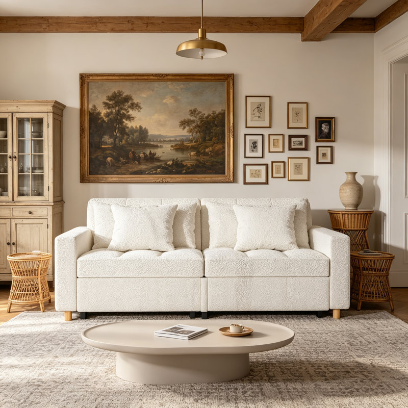 Borchert 2 Seater Fabric Sofa Bed, White Teddy