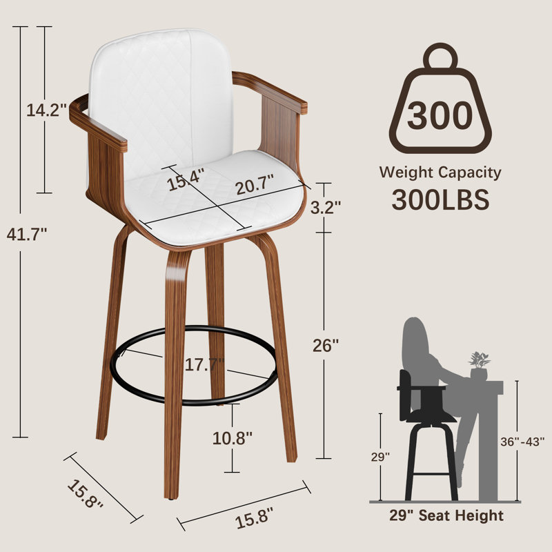 26'' High-back Swivel Bar Stool With Footrest Set Of 2, Beige, 2