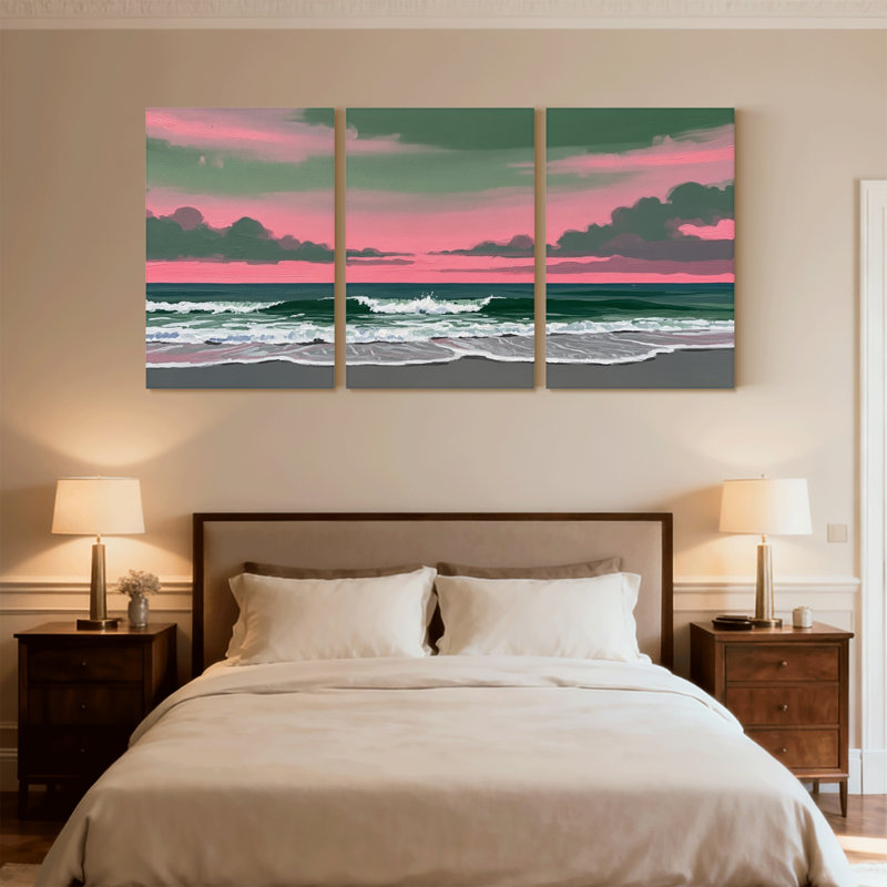 Nautique et plage, vagues océaniques, coucher de soleil, ciel, plage, horizon, couleurs, ensemble de 3 impressions sur toile