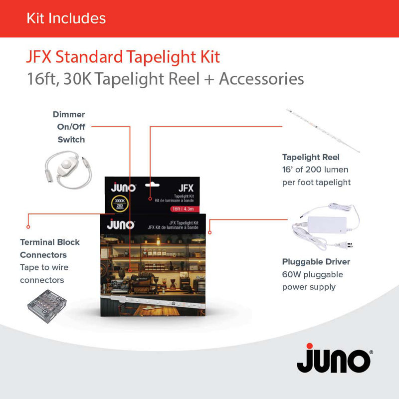 Ensemble de lumières Juno JFX Tapelight, 16 pieds, 200LMF, 30K, 60W, interrupteur marche / arrêt, 5 connecteurs