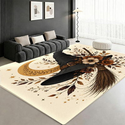 Tapis d'Halloween chapeau de sorcière balai lune, thème automne automne, motif floral de sorcellerie, tapis antidérapant artistique, décoration intérieure confortable pour le salon, la chambre à coucher, le vestibule, appartement