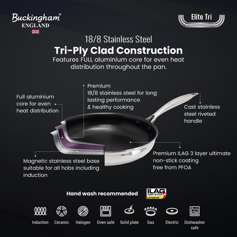 Buckingham Elite Tri-Ply 18/8 Stainless Steel Frying Pan with ILAG Ultimate Non-Stick Coating  , 24 cm