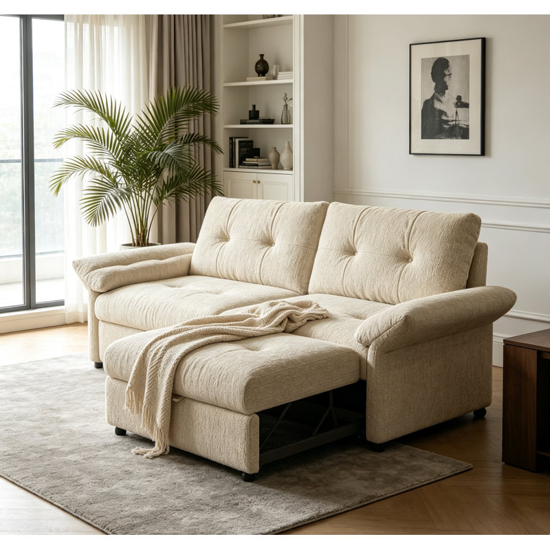 Canapé-lit convertible 2 en 1 multifonctionnel, lit escamotable en chenille de 81,5 po pour salon de bureau, Chenille beige