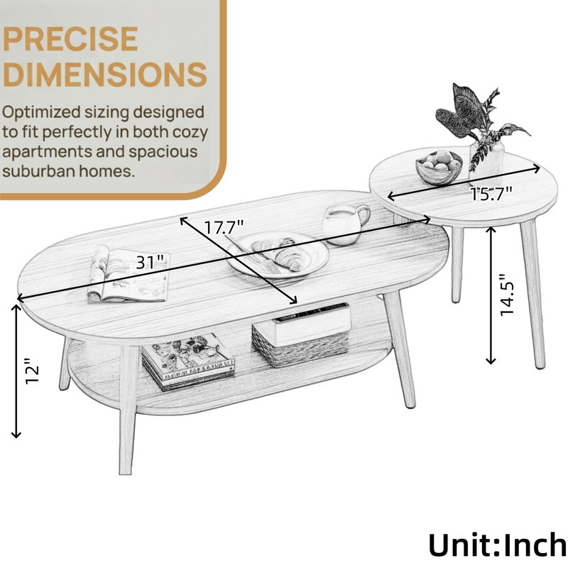 2-Piece Nesting Coffee Table Set, with 2-Tier Storage & Rustic Wood Grain, Oval & Round Tabletop, Minimalist Modern Style