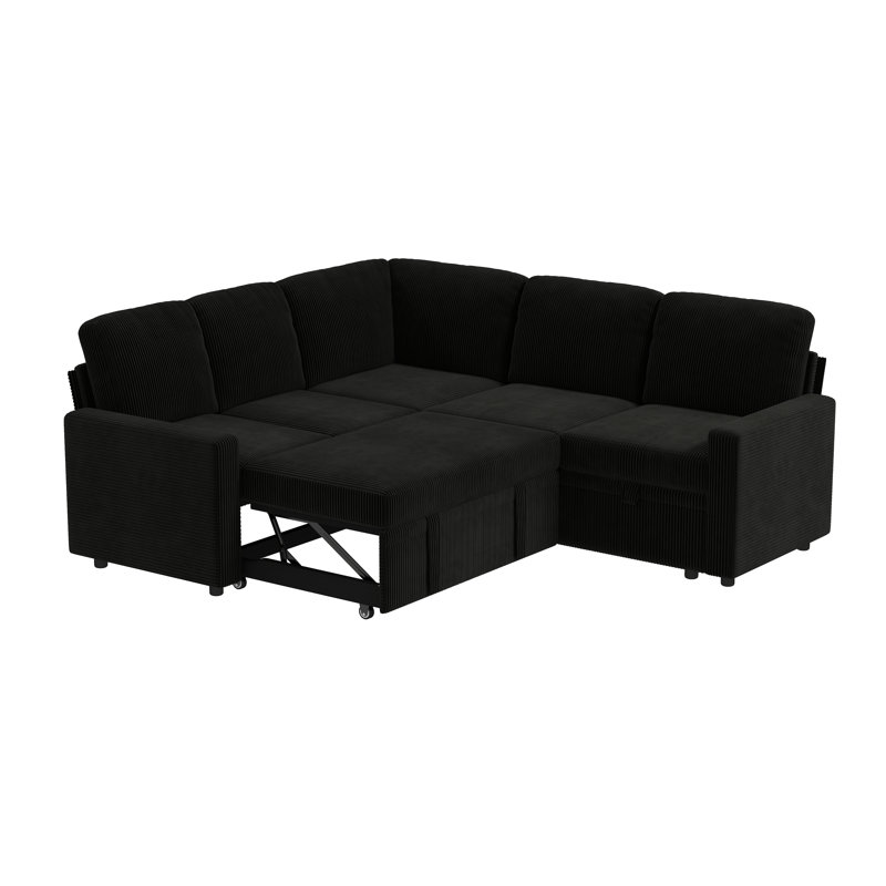 81-Inch Corduroy Sectional Sofa Bed (With Pull-Out Bed), U-Shaped 5-Seater Modular Sofa (With Storage), Black Corduroy