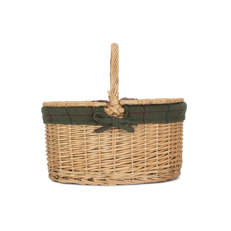 Wicker Lidded Picnic Hamper Basket with Lining, Buff/Green Tweed