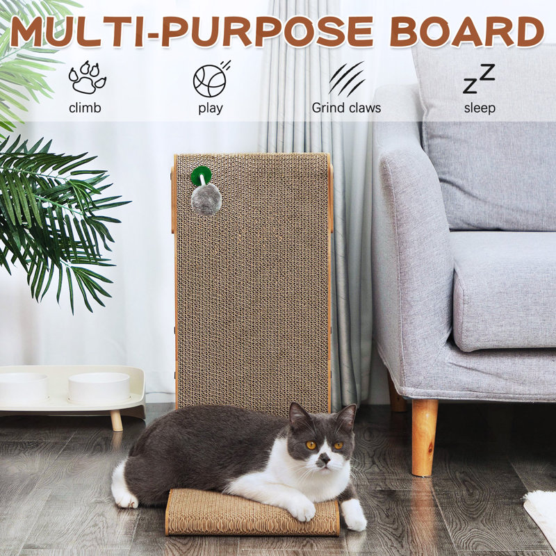 L-Shaped Brown Cardboard Cat Scratcher with Toy