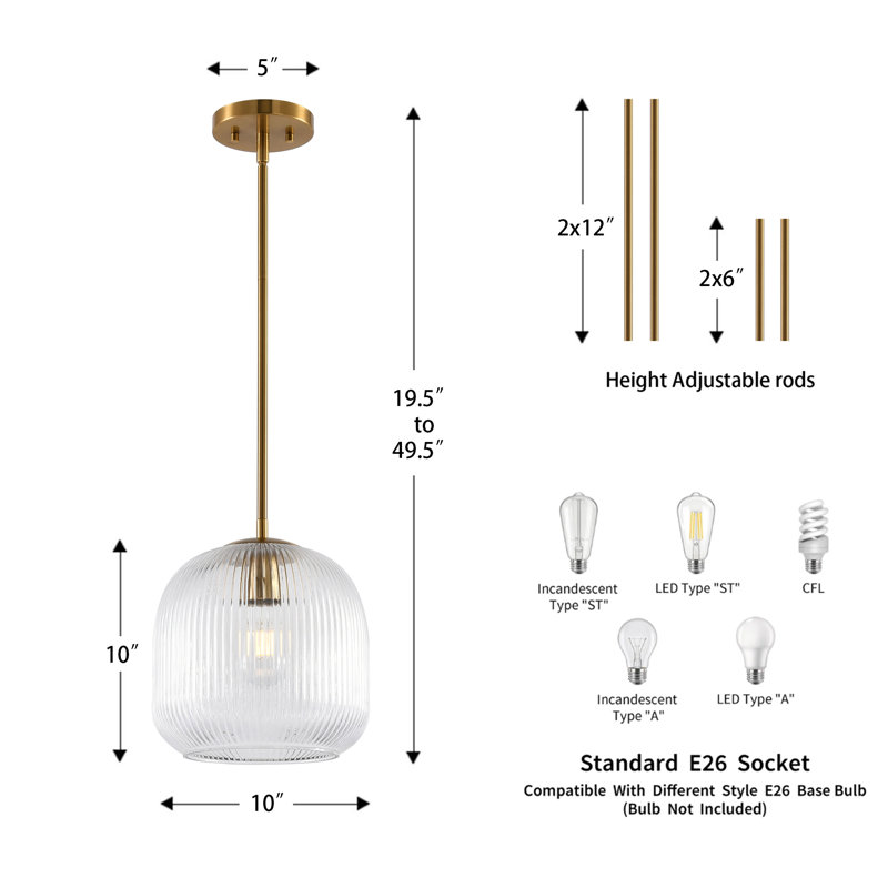 10" W Ribbed Glass and Metal Single Pendant Light（set of 2）, Rose Gold