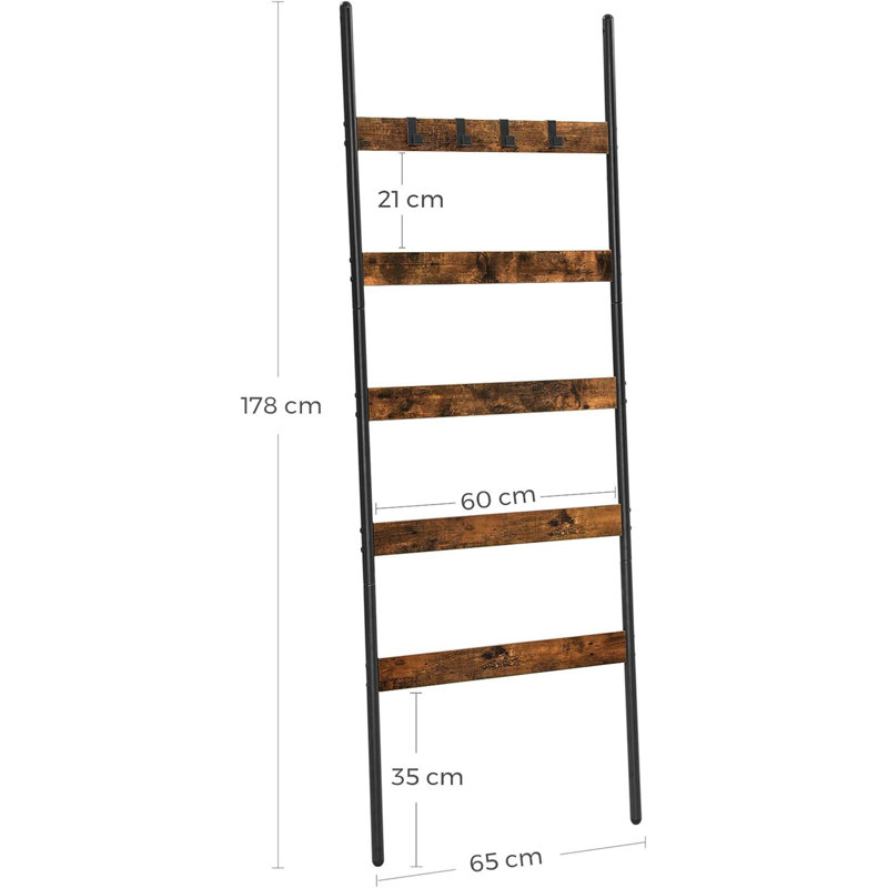 Angled 5-Tier Industrial Blanket Ladder Rack - Rustic Brown 65Cm Wide