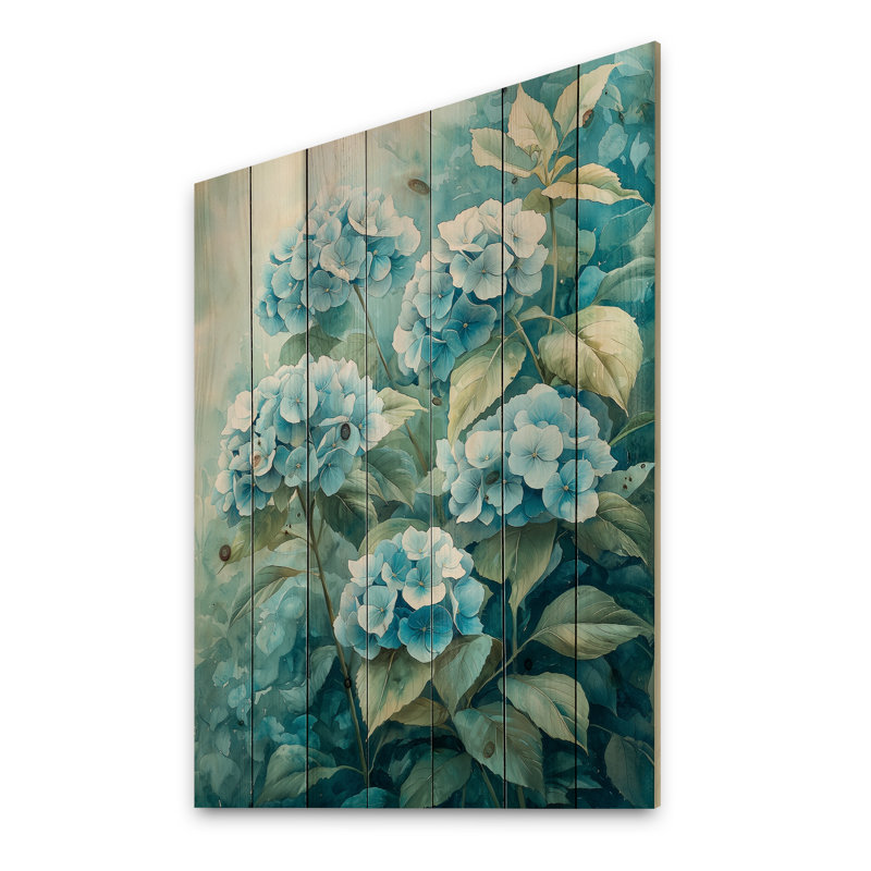 Hydrangea Blossom Harmony II - Hydrangea Wood Wall Decor - On Natural Pine Wood, 44" H x 34" W x 0.78" D