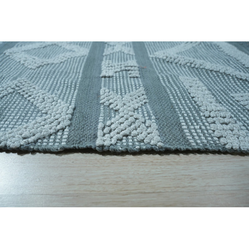 Gray Hand-Knotted Wool Diamond Banded Motif Geometric Modern Contemporary Carpet Rug, 5' x 7'6