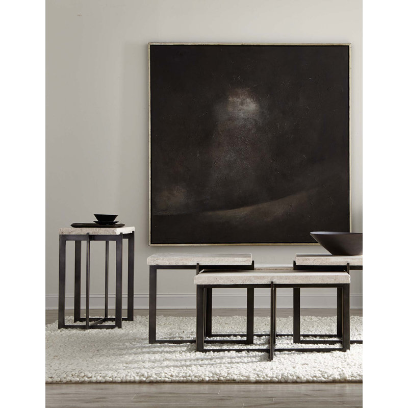Transitional Laminated White Travertine Stone Square End Table