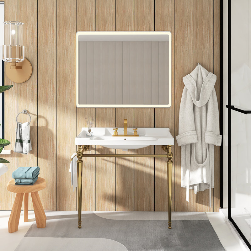 36" Bathroom Console Sink, Wall-Mounted Ceramic Vanity Basin With 3 Pre-Drilled Faucet Holes, Freestanding Stainless Steel Support Legs With Towel Bar