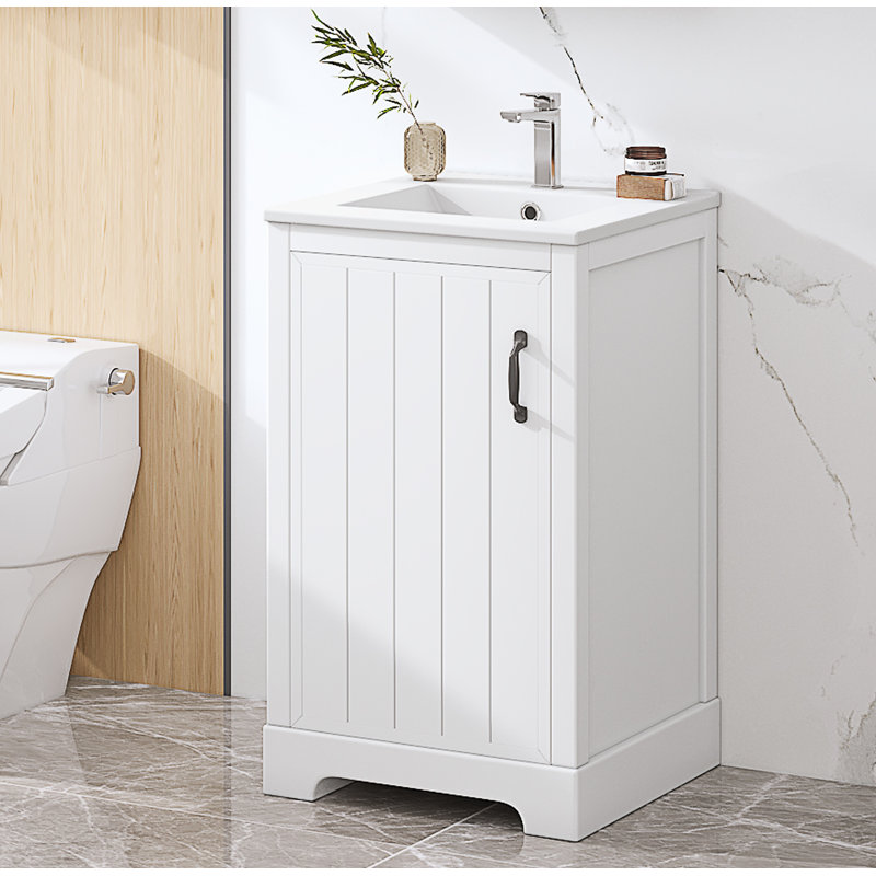 Meuble-lavabo de 20 po avec lavabo, armoire de salle de bain avec porte à fermeture douce, tablette réglable, Blanc / Blanc