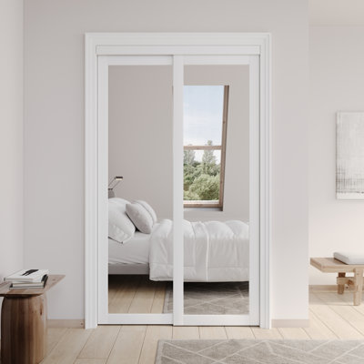 80 in. 1 Lite Mirrored White Sliding Closet Door with Hardware Kit