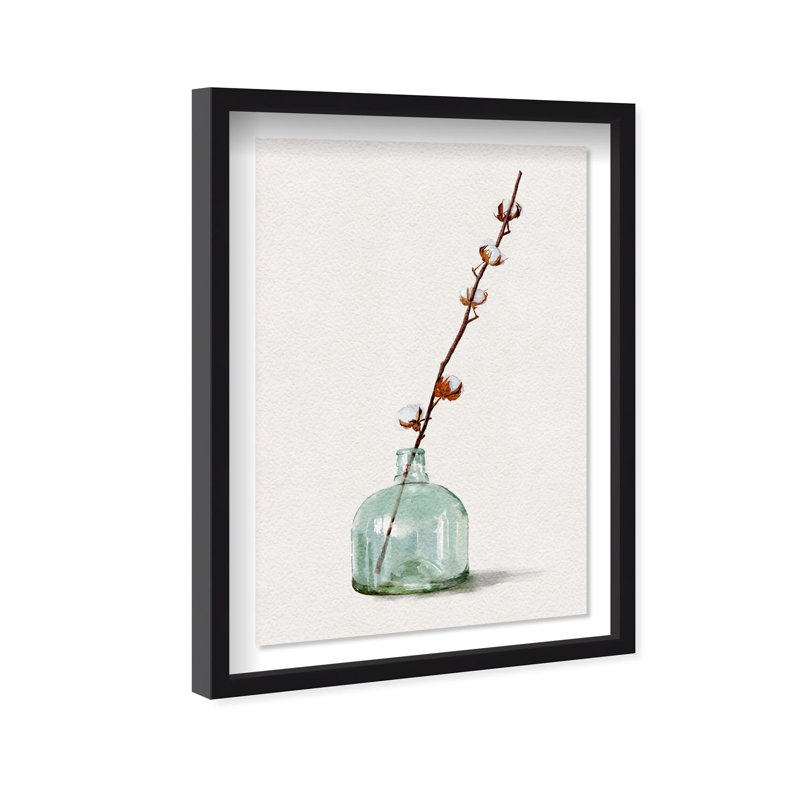 Oliver Gal Cotton in a glass vessel Floral and Botanical - Luxury Shadowbox Framed Wall Art, Black, 56" H x 38" W