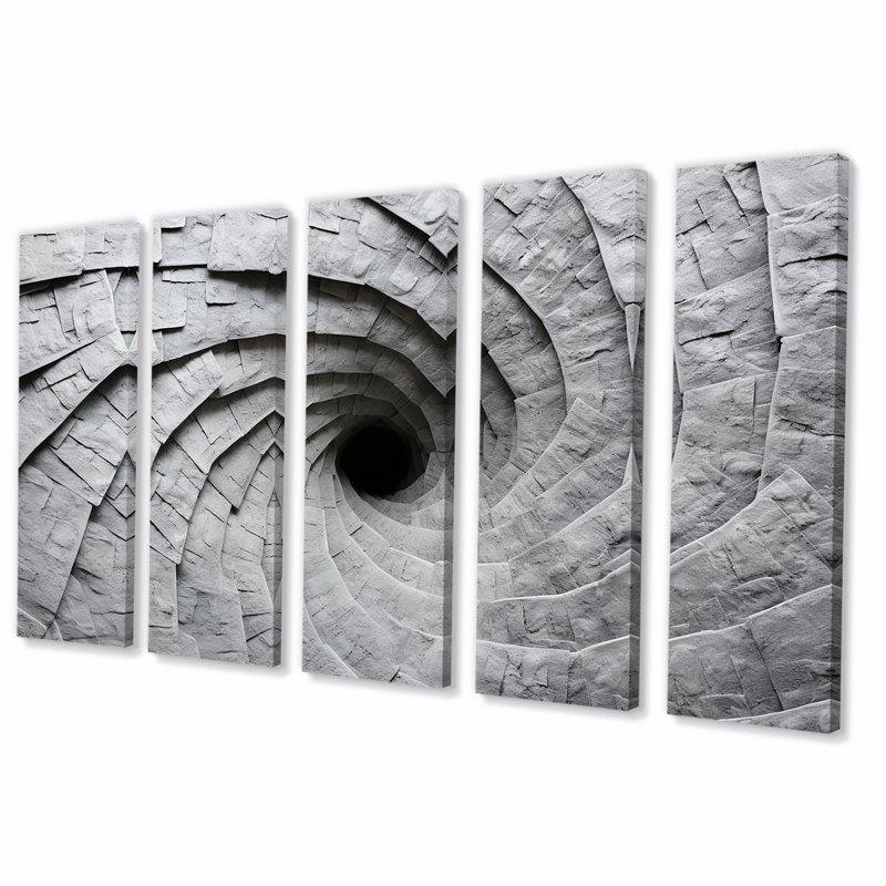 «Grey Spiraling Fractal Sprial III - Abstract Spirals», art mural 5 pièces, H 28 po x l 60 po