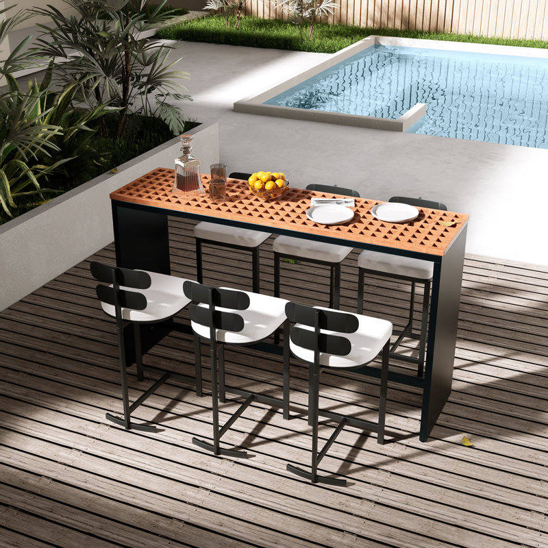 7 Pieces Rectangle Outdoor Patio Bar Dining Set with Teak Table and Chairs for 6 Person