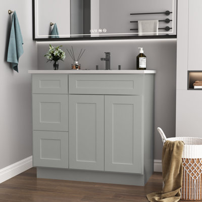 Armoire de base de meuble-lavabo gris en contreplaqué gris, l 36 po x P 21 po, H 34,5 po - attrait intemporel avec porte gauche pour la salle de bain Armoire de rangement à résistance de 34,5 po