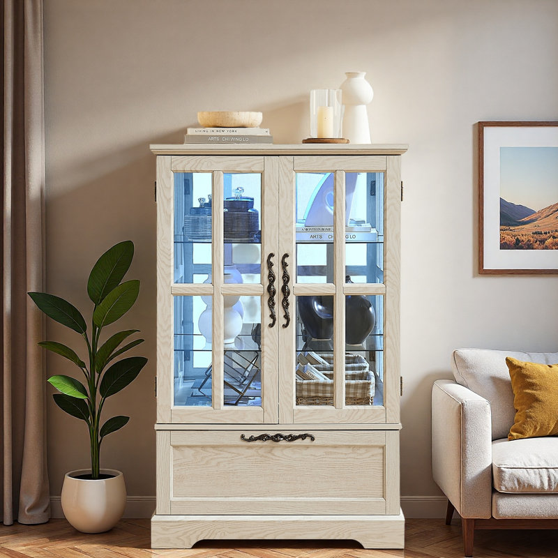 Vitrine avec bande lumineuse RVB en couleur, tablettes en verre réglables en hauteur et tiroir rabattable, Blanc