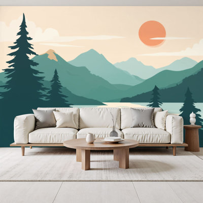 Boho Peel and Stick Wallpaper Mountain Lake Sunset Pine Forest Silhouette Layered Peaks Minimalist Wall Murals 69"H x 96"W Removable PVC Wall Paper Self-Adhesive Wall Paintings Art Decor for Bedroom Living Room