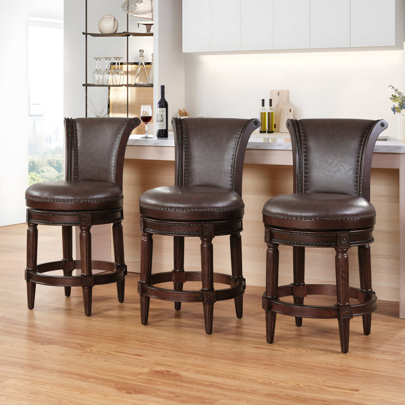 Elveria Classic Upholstered Bar Stools With Wooden Frame And Nailhead Trim, Dark Walnut, 3, Brown