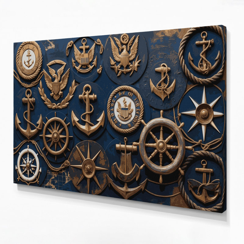 Nautique, insignes navals, art mural sur toile grise, H 11 po x l 14 po