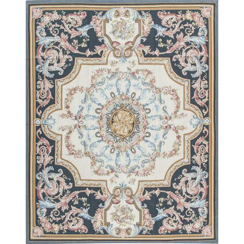 Hand-Knotted High-Quality Ivory and Black Area Rug
