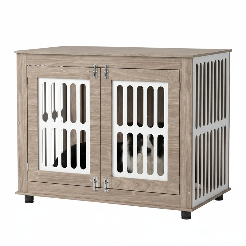 Cage pour chien de 39 pouces conçue comme un meuble, équipée de 2 portes et de tapis de sol antidérapants réglables, convenant à toutes les tailles de chien, avec une finition brun noyer