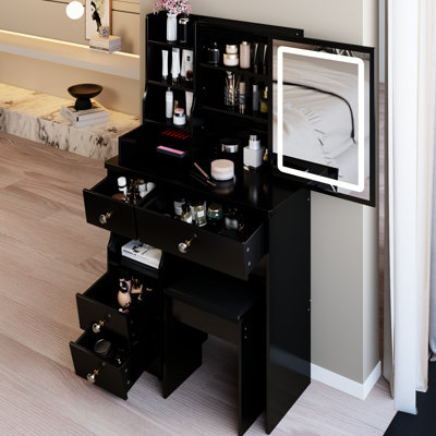 Small Space - Adapted Left Drawer Vanity Table With Cushioned Stool And Tri Color Led Mirror For Limited Capacity Bedrooms Desktop Stool, Touch Operated Brightness Adjustable Scale Living Areas