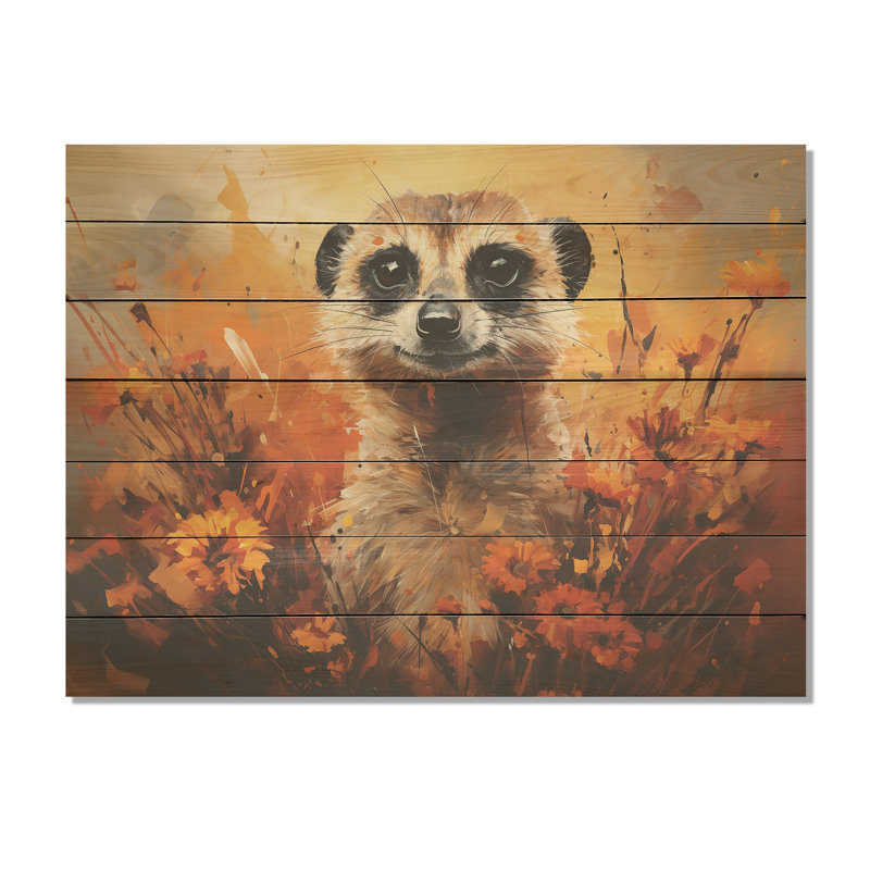 Suricate brun, prairie florale III - impression de suricate sur bois, H 24 po x l 32 po x P 0,78 po