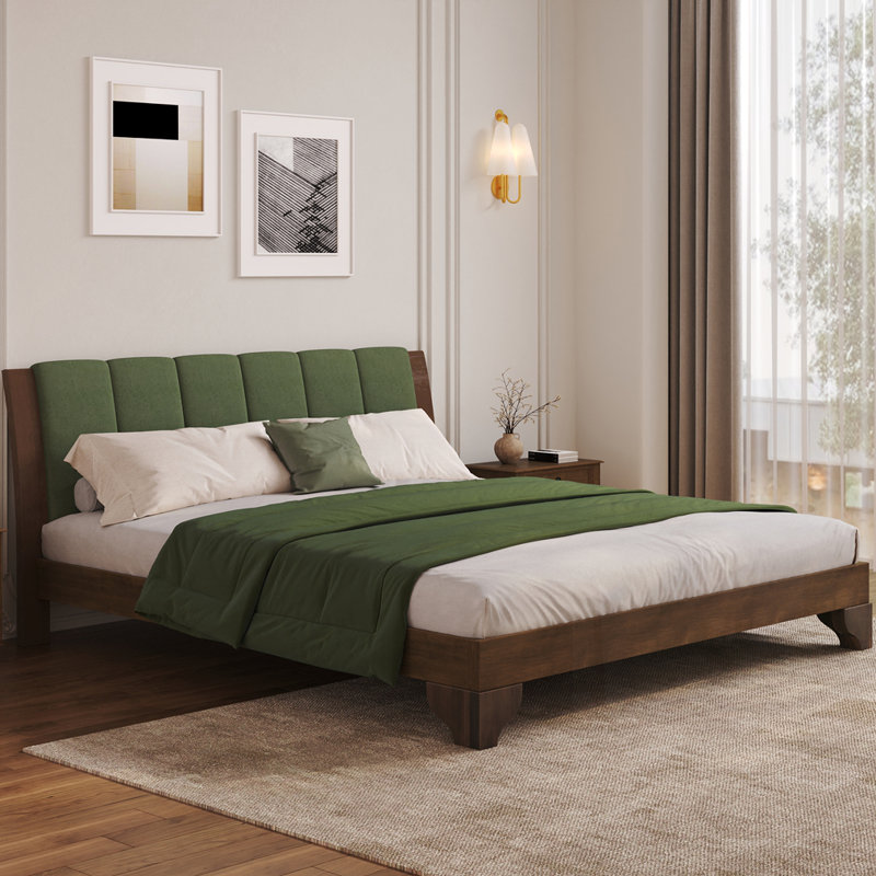 Base de lit en bois avec tête de lit Mid-Century, Très grand, Noyer / vert