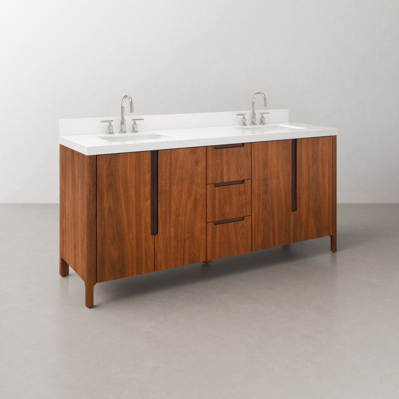 Sequoia 72 In. Double Sink Whitebrook Quartz Countertop Bath Vanity in Mango Wood With Chrome Faucet, Chrome, Noir Juglans