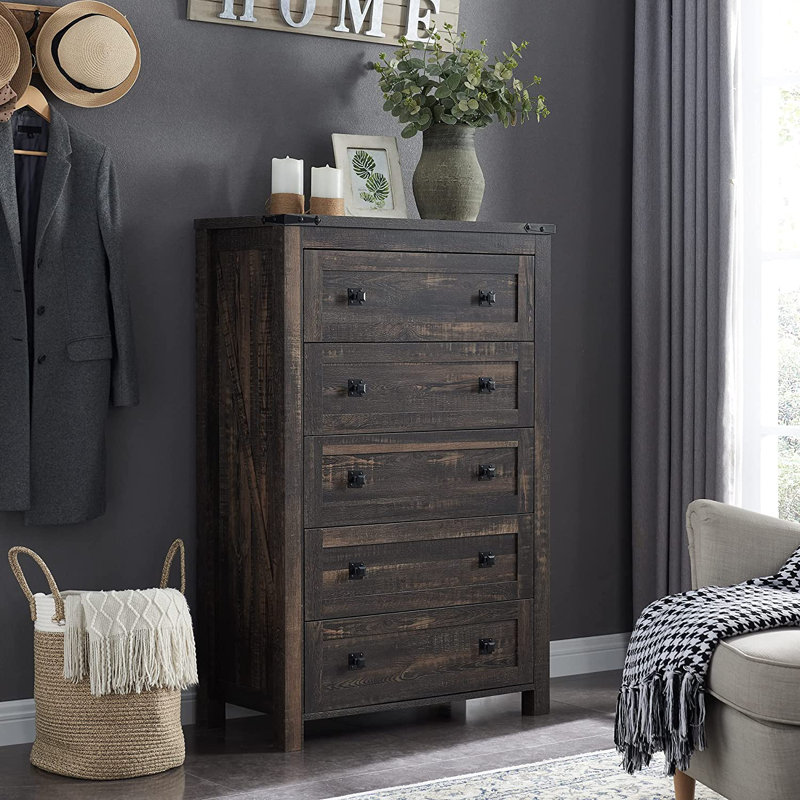 Grantville Farmhouse 5 - Drawers Dresser Organizer, Rustic Tall Chest of Drawers for Bedroom
