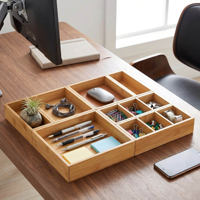 Set Of 9 Bamboo Wood Drawer Organizer Bins, Adjustable Kitchen And Desk Storage Boxes, Stackable Storage Containers