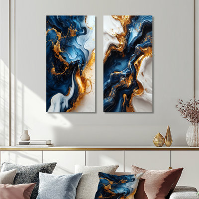 Géode abstraite, ensemble de 2 pièces d'art mural en marbre doré et bleu I