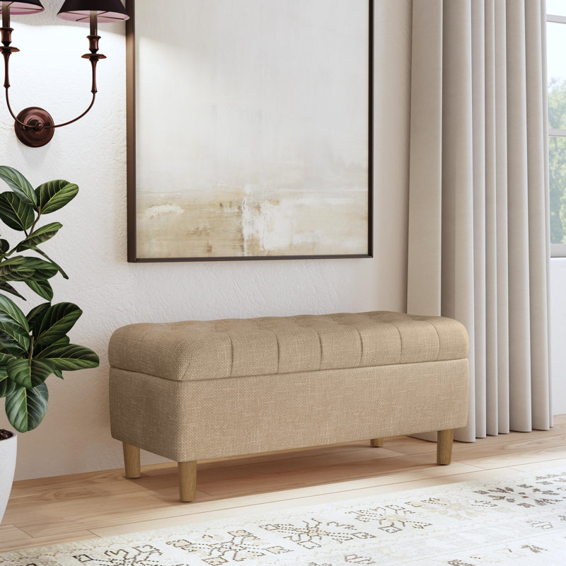 Tan Button Tufted Storage Bench with Oak Legs