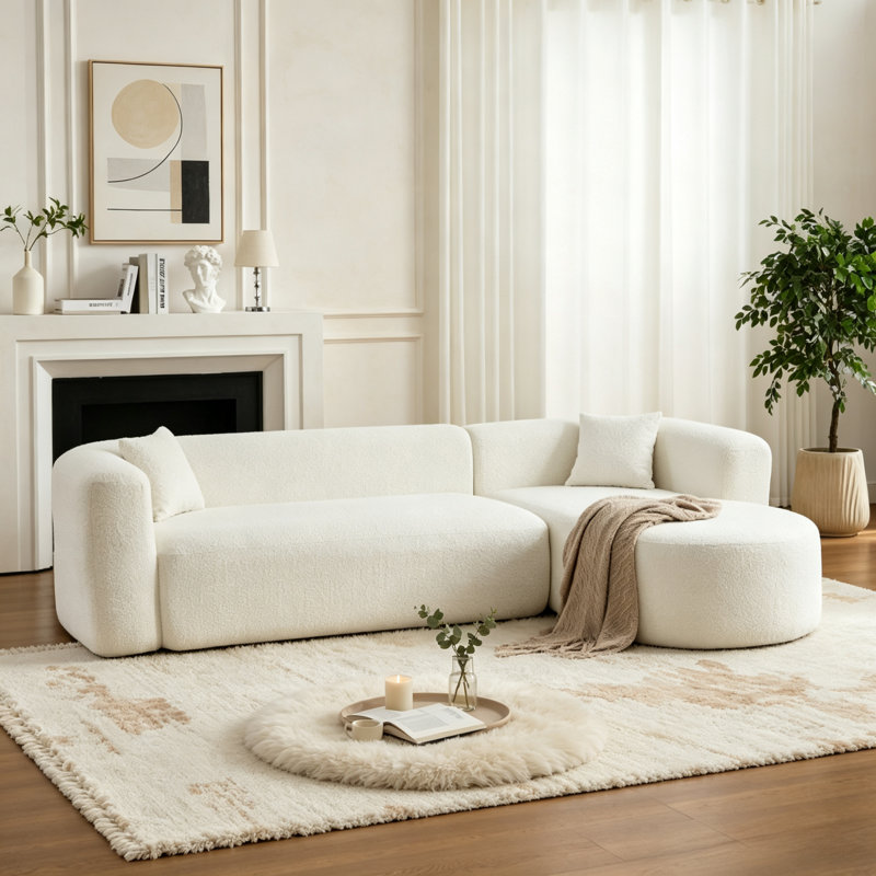 Canapé modulaire en L 109,4 po beige, chenille droite et dossier courbé, 2 coussins, Orienté vers le côté droit, Beige