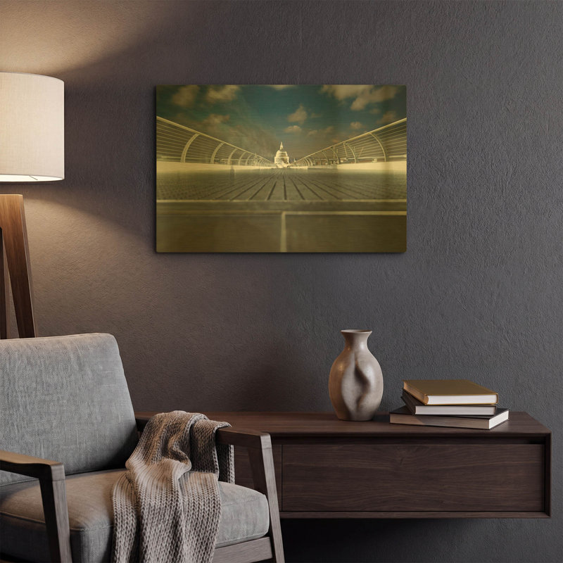 «Illuminated St Paul's Cathedral And Millennium Bridge I» par Mark A Paulda, art mural en métal doré, 24 po x 16 po, 24"x16"