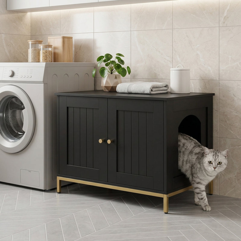 Meuble de litière pour chat avec cadre en métal, Noir / or